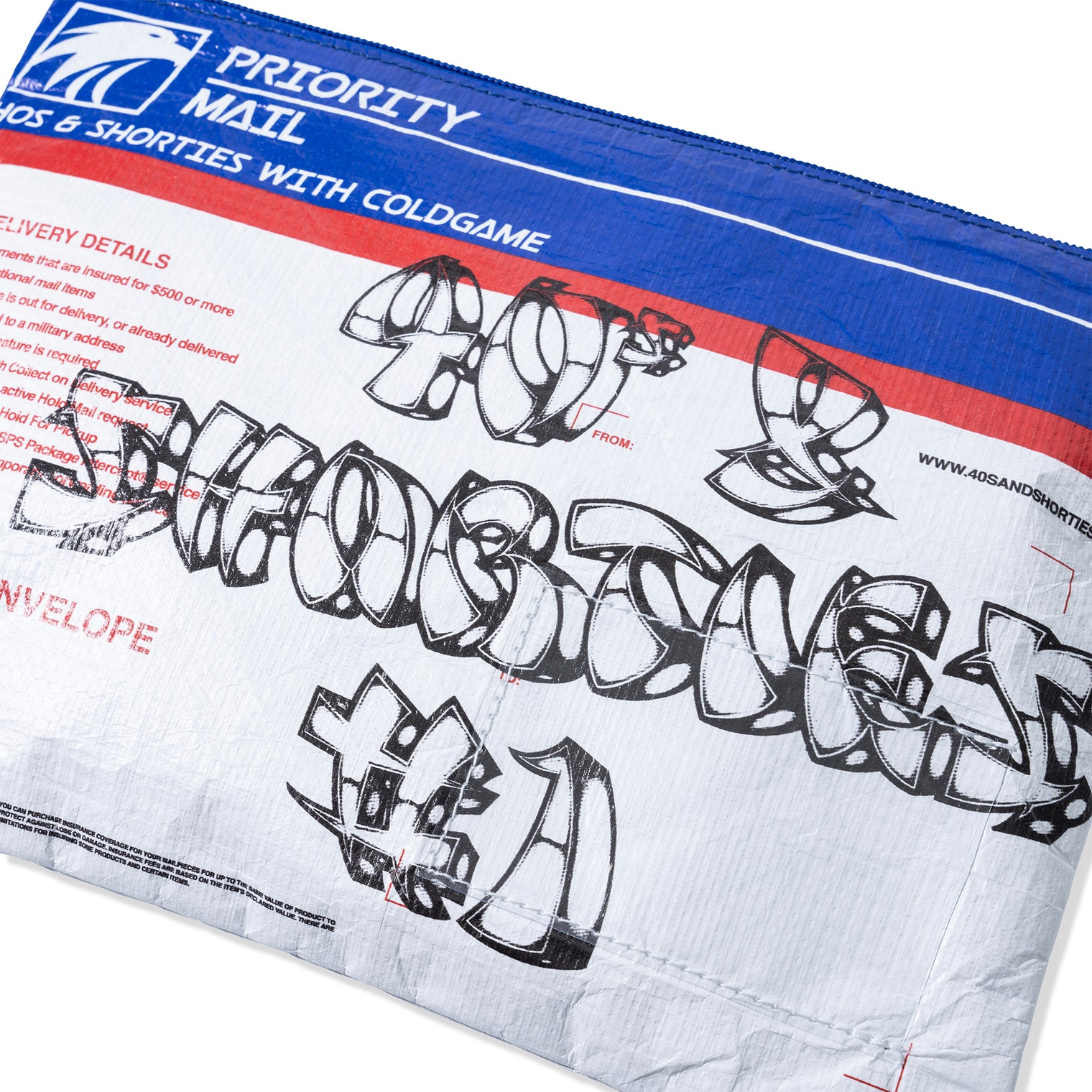 Close-up of graphic artwork on the back of the 40s x Cold Game Envelope Bag showing urban cartoon illustration and bold graffiti text.