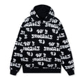 Flat lay of black hoodie featuring all-over white graffiti-style 40s & Shorties logo print