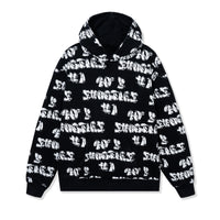 Flat lay of black hoodie featuring all-over white graffiti-style 40s & Shorties logo print