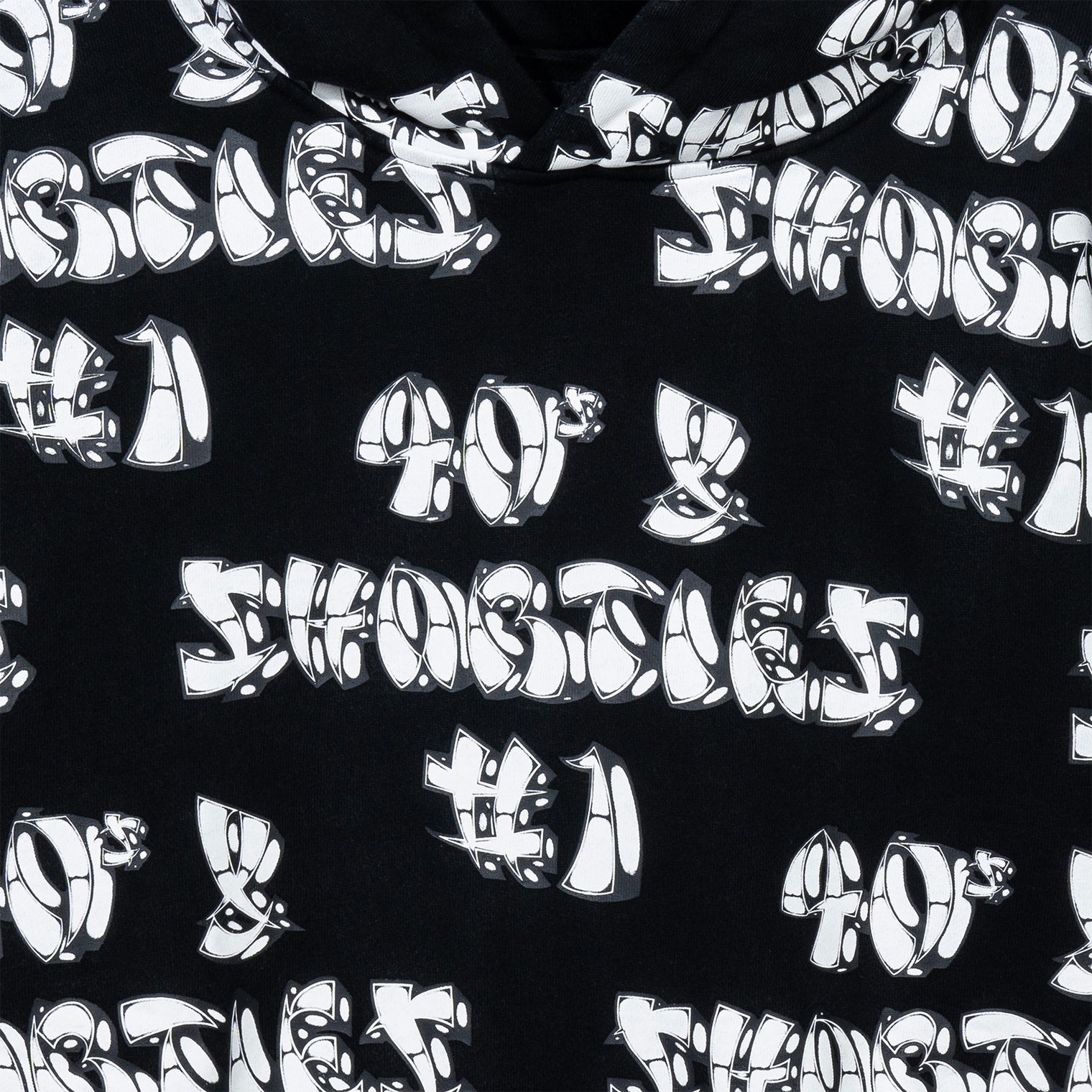Close-up of hoodie chest graphic showing 40s & Shorties and "#1" print
