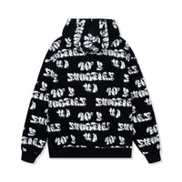 Back view of hoodie with full all-over logo print
