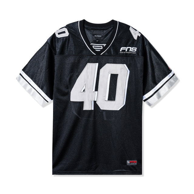 Front view of the Fubar Jersey in Black by 40s & Shorties featuring large white “40” appliqué and embroidered FNS logo on a mesh body.
