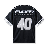 Back view of the Fubar Jersey in Black showcasing white “FUBAR” text, 40s & Shorties logo, and large “40” appliqué.
