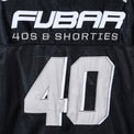 Close-up of the back “FUBAR” and “40s & Shorties” embroidery and appliqué on the Fubar Jersey in Black.
