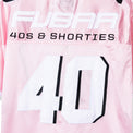 Close-up of the back “FUBAR” and “40s & Shorties” embroidery and appliqué on the Fubar Jersey in Pink.