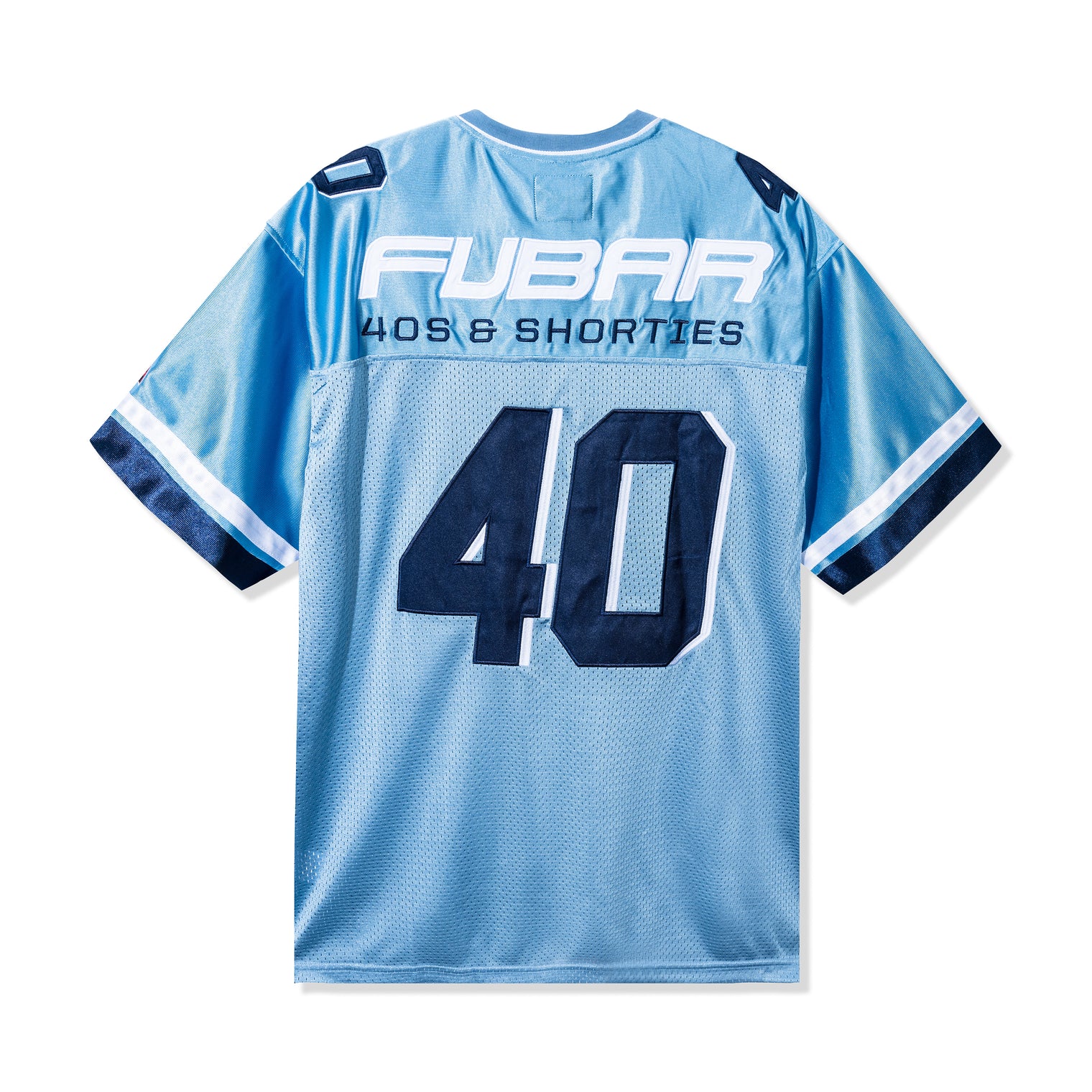 Back view of the Fubar Jersey in Blue showcasing white “FUBAR” text, 40s & Shorties logo, and large “40” appliqué.

