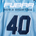 Close-up of the back “FUBAR” and “40s & Shorties” embroidery and appliqué on the Fubar Jersey in Blue.
