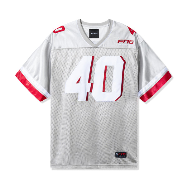 Front view of the Fubar Jersey in Grey by 40s & Shorties featuring large “40” appliqué and embroidered FNS logo on a mesh body.
