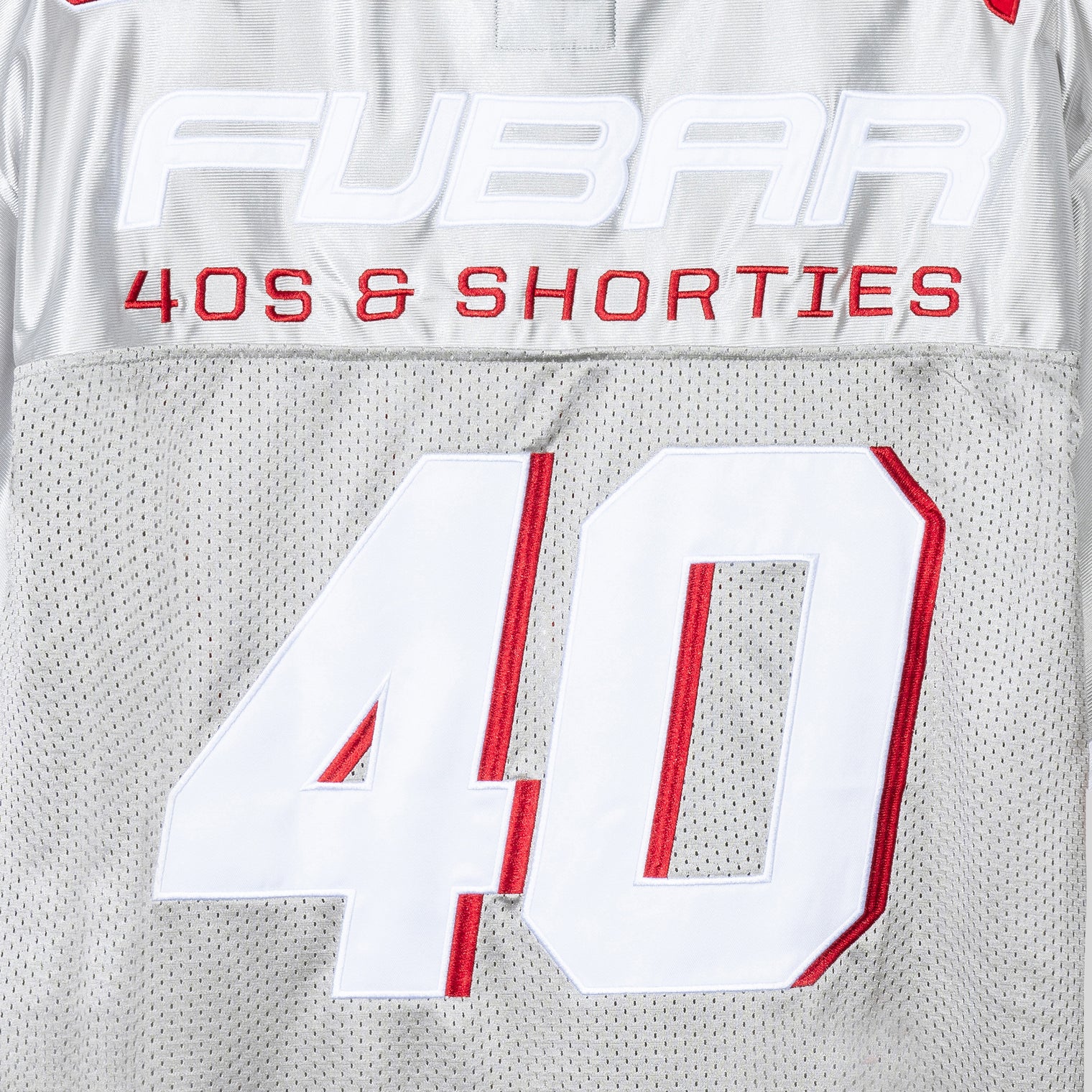 Close-up of the back “FUBAR” and “40s & Shorties” embroidery and appliqué on the Fubar Jersey in Grey.