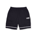 Front view of 6th Street Cargo Shorts in black with logo patch and branded hem trim.
