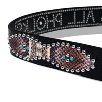 Zoomed-in view of snake-pattern vinyl applique with turquoise studs on black leather belt