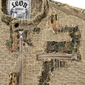 Close-up of Boro Jacket chest showing distressed boro stitching, camo under-layer, and 40s & Shorties embroidery
