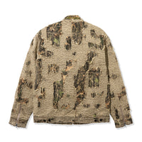 Back view of Boro Jacket with heavy boro-style stitching and distressed camo under-layer
