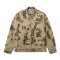 Front view of Boro Jacket featuring boro stitching, distressing, and camo under-layer
