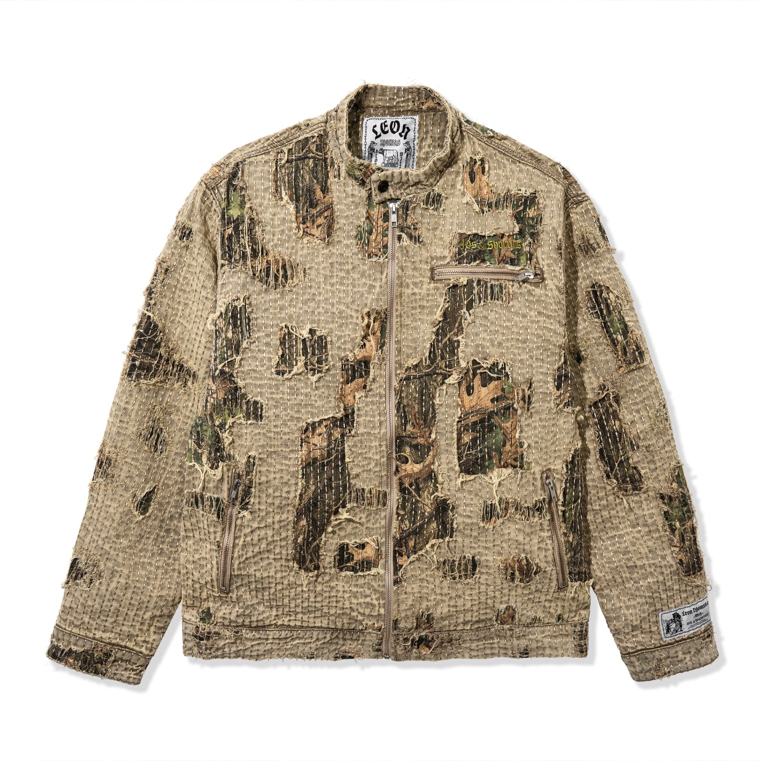 Front view of Boro Jacket featuring boro stitching, distressing, and camo under-layer
