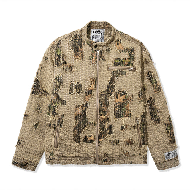 Front view of Boro Jacket featuring boro stitching, distressing, and camo under-layer
