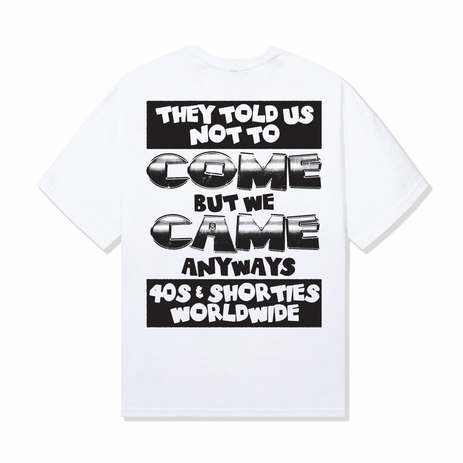 Full back view of the Charge It Tee in white with large printed text graphic.
