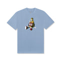 Front view of Clay Figure Tee in Carolina Blue with cartoon bottle mascot graphic print