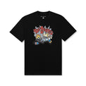 Crash Tee Black – Flat lay with graphic print of burning cop car and 40s & Shorties logo
