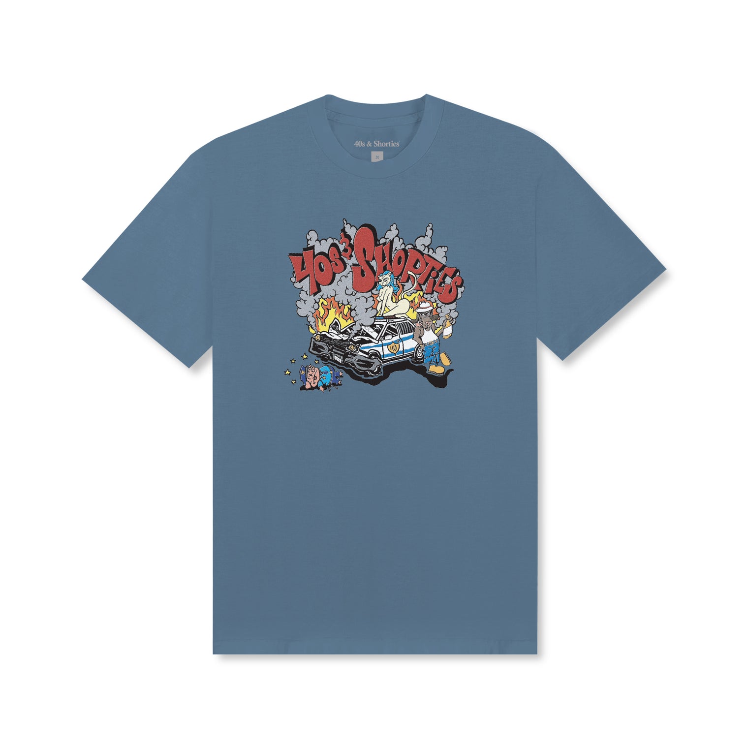 Crash Tee Indigo Blue – Flat lay with graphic print of burning cop car and 40s & Shorties logo

