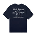 40s & Shorties Fine Garments Tee in Navy with large back graphic featuring dog illustration and gothic type