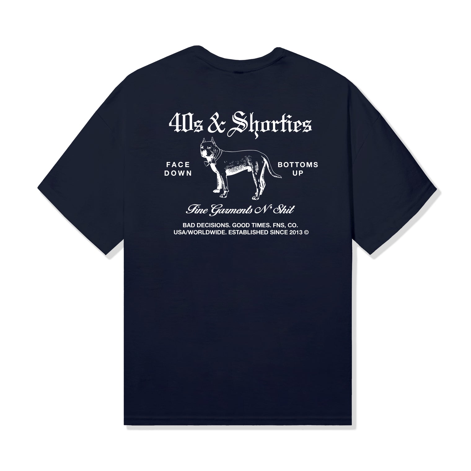 40s & Shorties Fine Garments Tee in Navy with large back graphic featuring dog illustration and gothic type