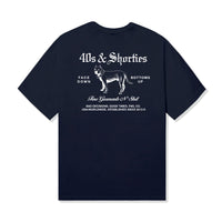 40s & Shorties Fine Garments Tee in Navy with large back graphic featuring dog illustration and gothic type