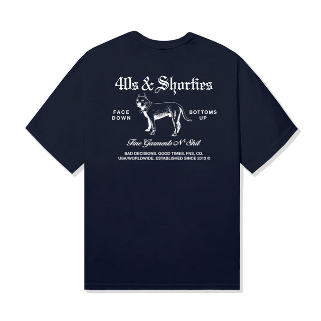 40s & Shorties Fine Garments Tee in Navy with large back graphic featuring dog illustration and gothic type