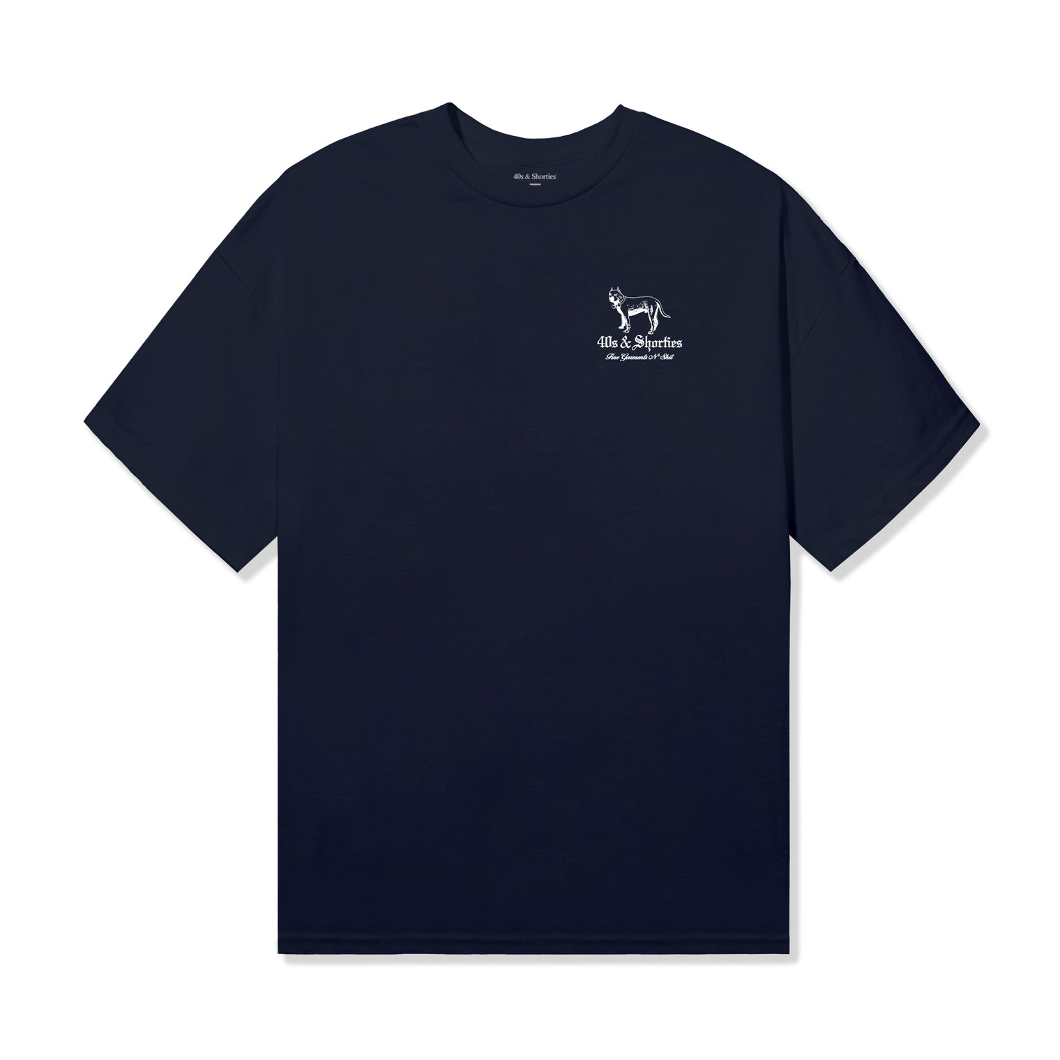 40s & Shorties Fine Garments Tee in Navy with small front chest graphic of dog illustration and script text