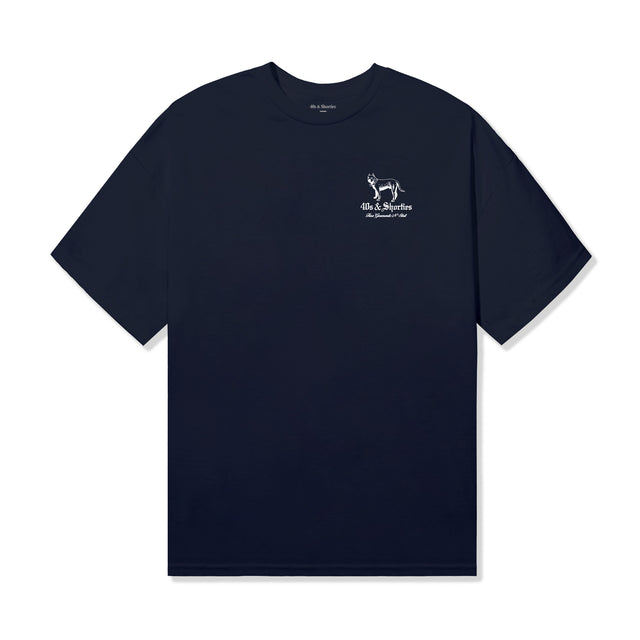 40s & Shorties Fine Garments Tee in Navy with small front chest graphic of dog illustration and script text