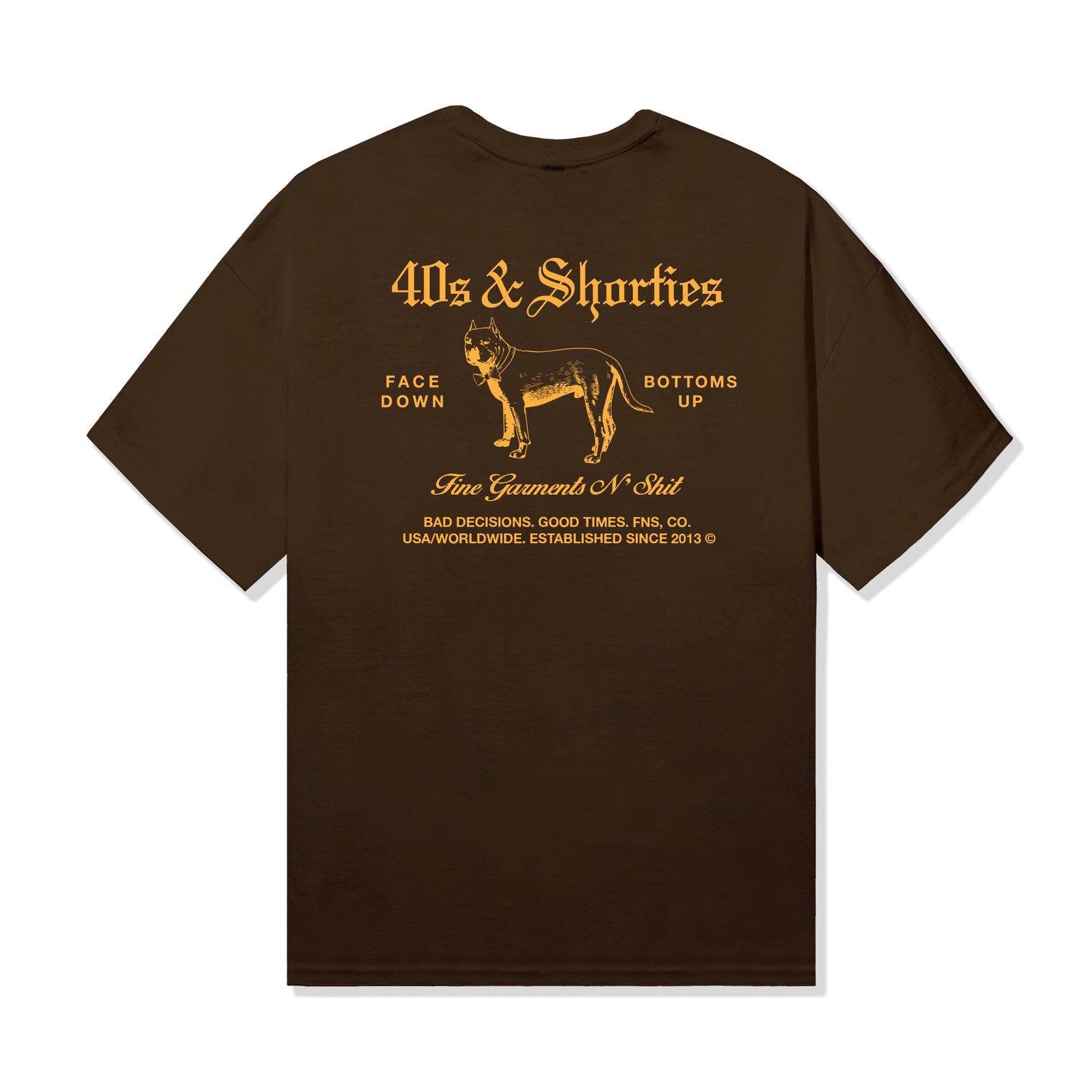 40s & Shorties Fine Garments Tee in Prairie Dust with bold vintage-inspired dog graphic and gothic text print on the back.