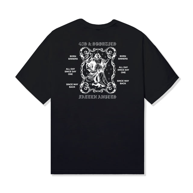Back view of the 40s & Shorties Fallen Angels Tee in black with large white graphic and “Born Sinners,” “Since Way Back,” and “Fallen Angels” text.