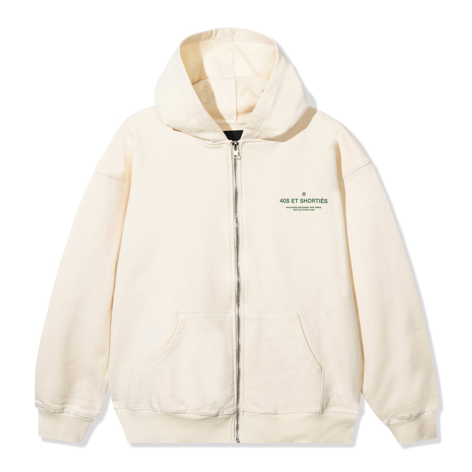 French General Zip Hoodie in cream with French text printed on left chest, full-zip closure, and kangaroo pockets – 40s & Shorties.
