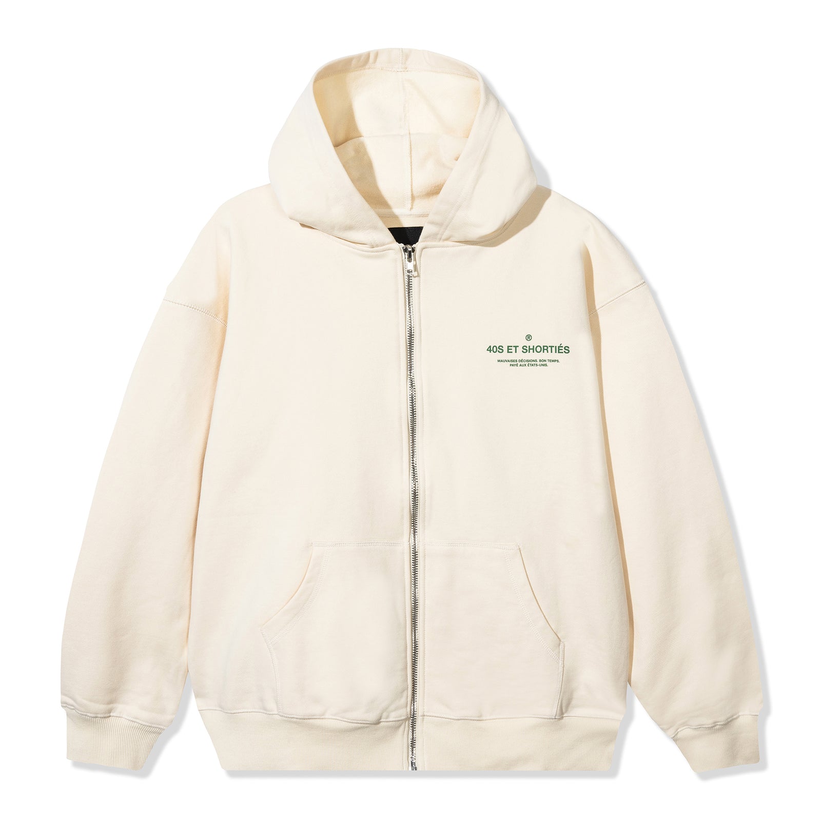 French General Zip Hoodie in cream with French text printed on left chest, full-zip closure, and kangaroo pockets – 40s & Shorties.
