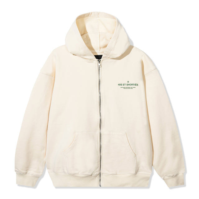 French General Zip Hoodie in cream with French text printed on left chest, full-zip closure, and kangaroo pockets – 40s & Shorties.
