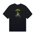 Front view of the Garbage Tee in Black by 40s & Shorties featuring a printed cartoon trash can graphic with a green character and “40s & Shorties” text above.