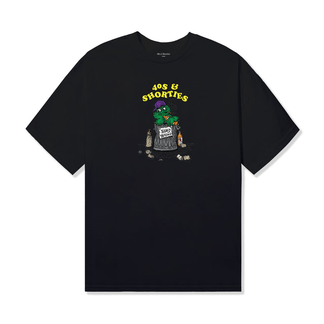 Front view of the Garbage Tee in Black by 40s & Shorties featuring a printed cartoon trash can graphic with a green character and “40s & Shorties” text above.