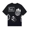 Layout Tee Black back view with hotline, globe, and cat artwork – 40s & Shorties