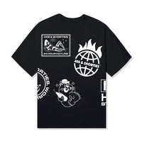 Layout Tee Black back view with hotline, globe, and cat artwork – 40s & Shorties