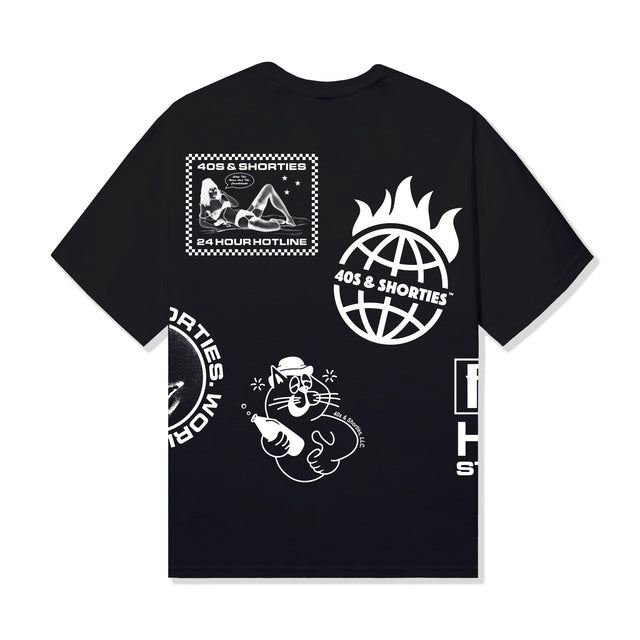 Layout Tee Black back view with hotline, globe, and cat artwork – 40s & Shorties