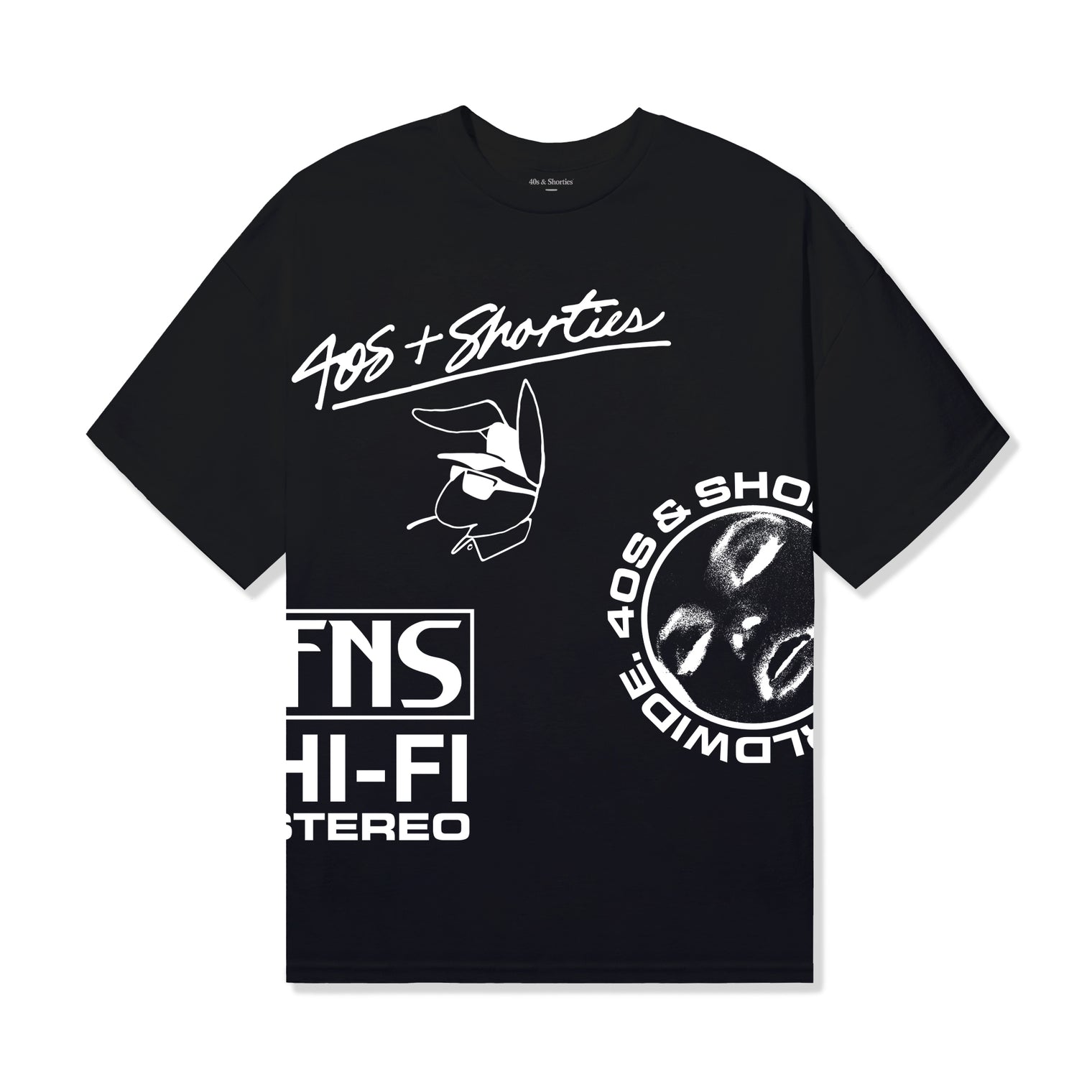 Layout Tee Black front view with bold white graphics – 40s & Shorties
