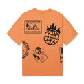 Layout Tee Tangerine back view with hotline, globe, and cat artwork – 40s & Shorties
