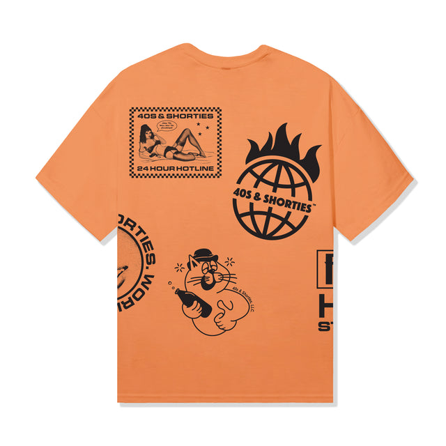 Layout Tee Tangerine back view with hotline, globe, and cat artwork – 40s & Shorties