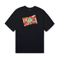 Front of black cotton tee featuring a colorful strawberry candy package print with Korean text and 40s & Shorties branding.