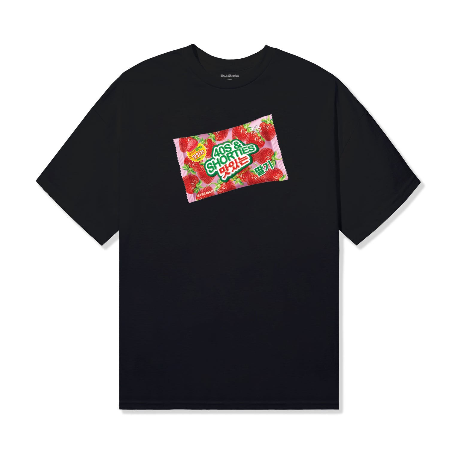 Front of black cotton tee featuring a colorful strawberry candy package print with Korean text and 40s & Shorties branding.