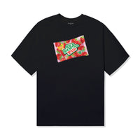 Front of black cotton tee featuring a colorful strawberry candy package print with Korean text and 40s & Shorties branding.
