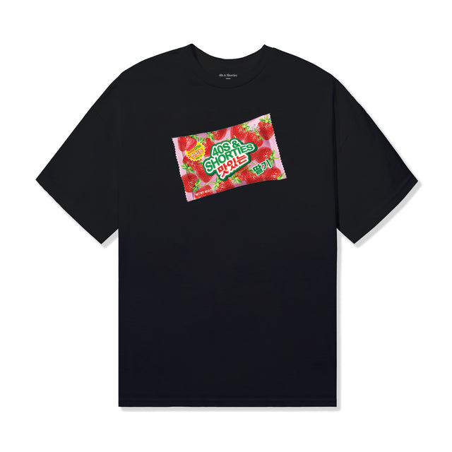 Front of black cotton tee featuring a colorful strawberry candy package print with Korean text and 40s & Shorties branding.