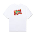 Front of white cotton tee featuring a colorful strawberry candy package print with Korean text and 40s & Shorties branding.