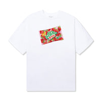 Front of white cotton tee featuring a colorful strawberry candy package print with Korean text and 40s & Shorties branding.