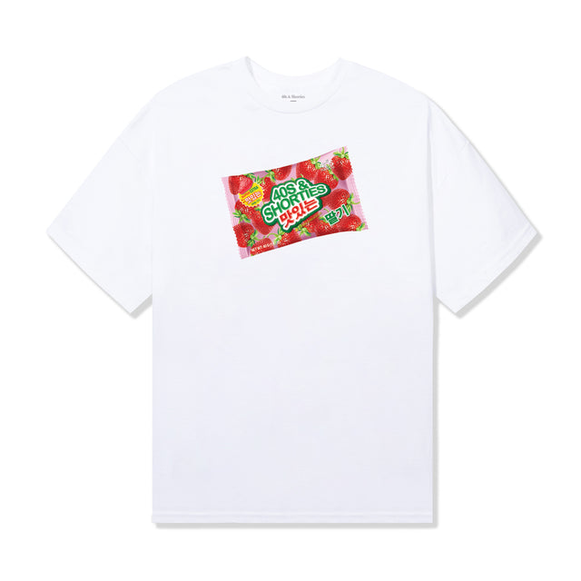 Front of white cotton tee featuring a colorful strawberry candy package print with Korean text and 40s & Shorties branding.